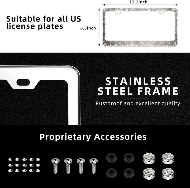 OKLPF 2 Pack White Bling License Plate Frames, Sparkly Diamond Car License Plate Holder, Suitable for Both Men and Women, Come with Screw Cap, Screw,Washer. - Image 2